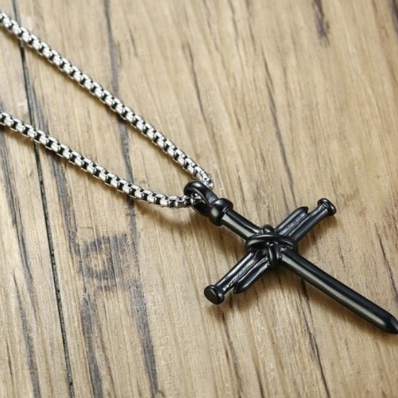 BLACK over Stainless Steel Nails & Rope Cross pendant necklace - Picture 4 of 5